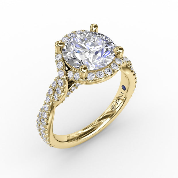 Contemporary Round Diamond Halo Engagement Ring With Twisted Vine Shank