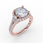 Cushion Halo Engagement Ring With Side Stones and Double-Row Diamond Band