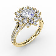 Contemporary Floral Halo Engagement Ring With Double-Row Pavé Band