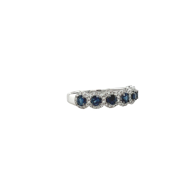Blue Sapphire and Diamond Halo Stacking Band