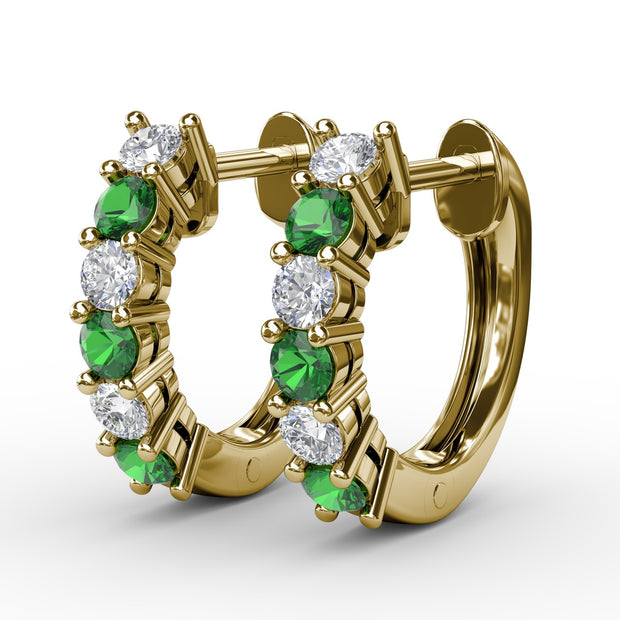 Shared Prong Emerald And Diamond Hoop Earrings