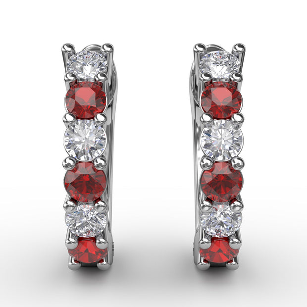 Shared Prong Ruby And Diamond Hoop Earrings