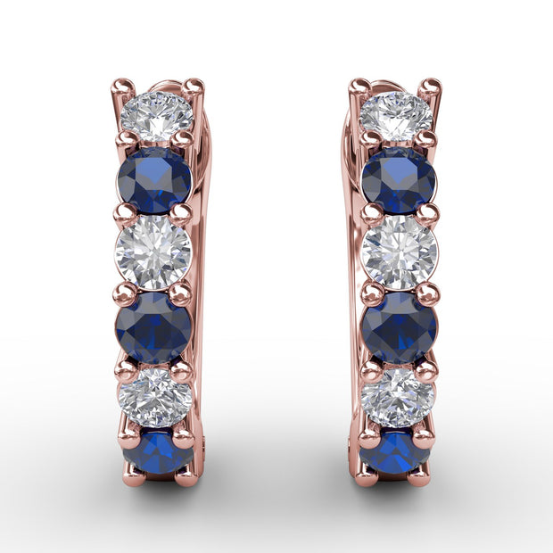 Shared Prong Sapphire And Diamond Hoop Earrings