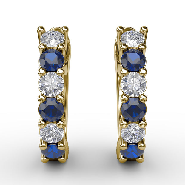 Shared Prong Sapphire And Diamond Hoop Earrings