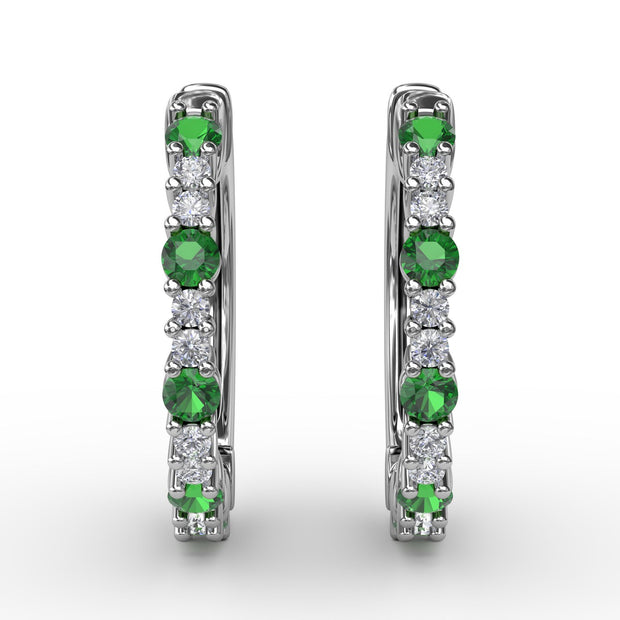 Shared Prong Emerald and Diamond Hoops