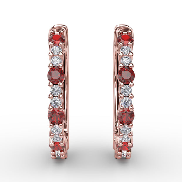 Shared Prong Ruby and Diamond Hoops