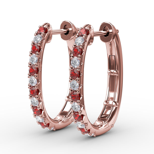 Alternaing Ruby and Diamond Hoop Earrings