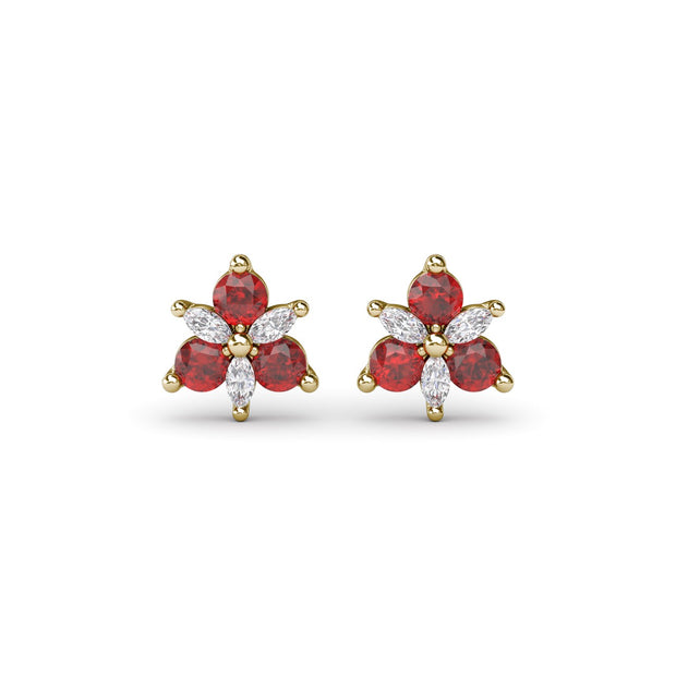 Trio Stud Ruby and Diamond Earrings