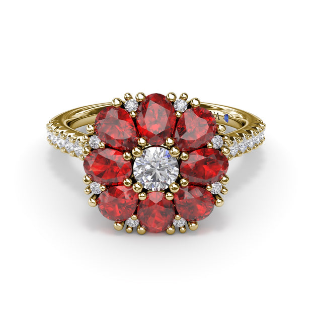 Ruby and Diamond Cluster Flower Ring