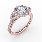 Three-Stone Round Diamond Halo Engagement Ring