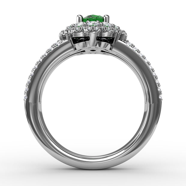 Emerald and Diamond Triple Row Split Shank Ring