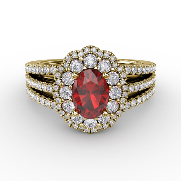 Ruby and Diamond Triple Row Split Shank Ring