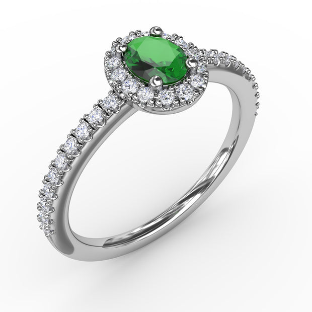 Classic Halo Emerald and Diamond Ring