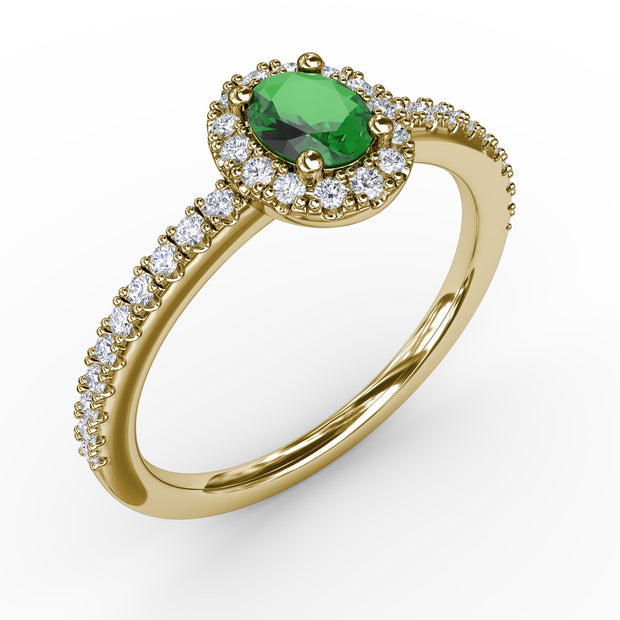 Classic Halo Emerald and Diamond Ring