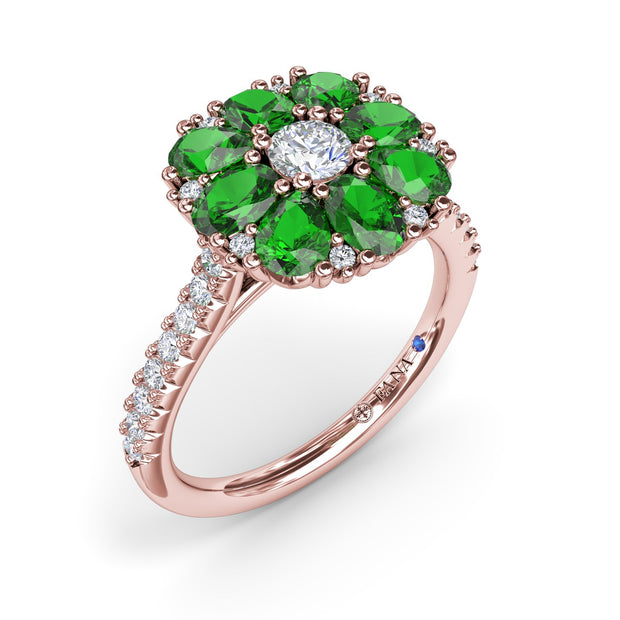 Emerald and Diamond Cluster Flower Ring
