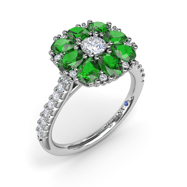 Emerald and Diamond Cluster Flower Ring