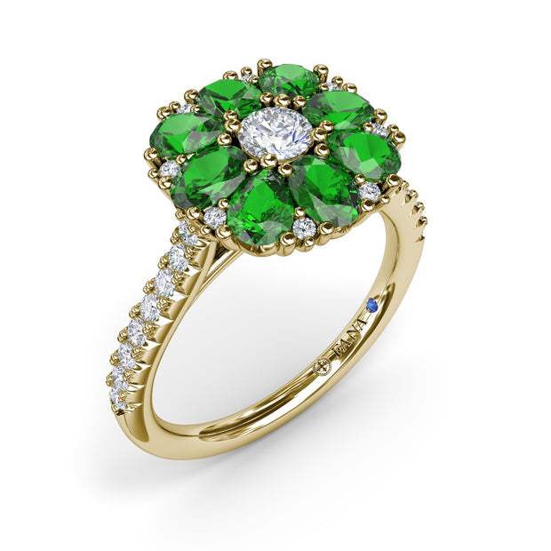 Emerald and Diamond Cluster Flower Ring