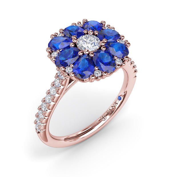 Sapphire and Diamond Cluster Flower Ring