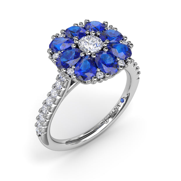 Sapphire and Diamond Cluster Flower Ring