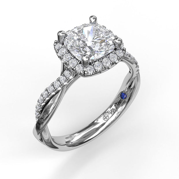 Halo Engagement Ring With Criss Cross Diamond Band Karlise Fine Jewelers