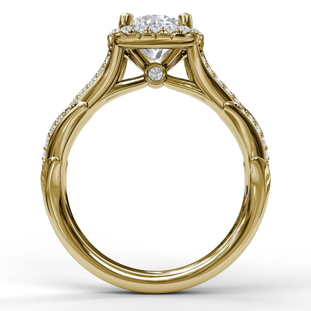 Cushion Halo Engagement Ring With Leaf Motif