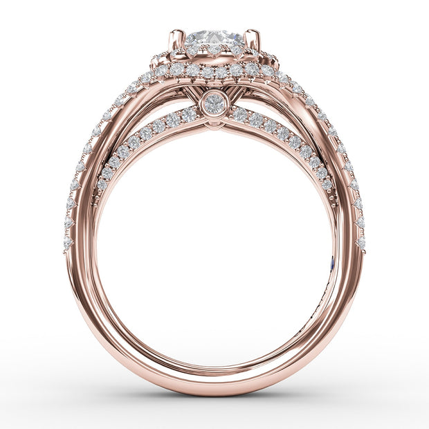 Round Cut with Halo and Dramatic Split Band