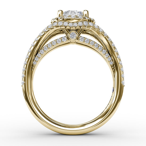 Round Cut with Halo and Dramatic Split Band