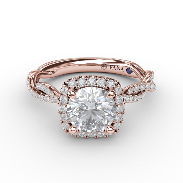 Classic Cushion Diamond Halo Engagement Ring With Cathedral Twist Diamond Band