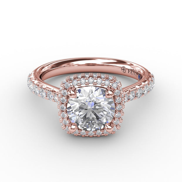 Cushion-Shaped Waterfall Halo Diamond Engagement Ring