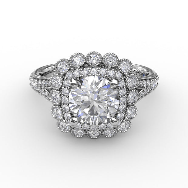 Vintage Double Halo Engagement Ring With Milgrain Details