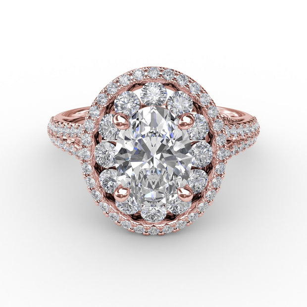 Double Halo Round Diamond Engagement Ring With Split Diamond Shank