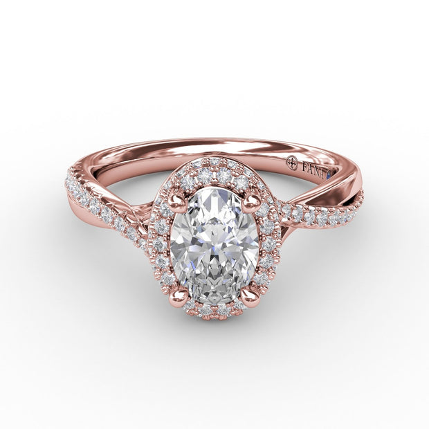 Oval Waterfall Halo Engagement Ring With Twisted Shank