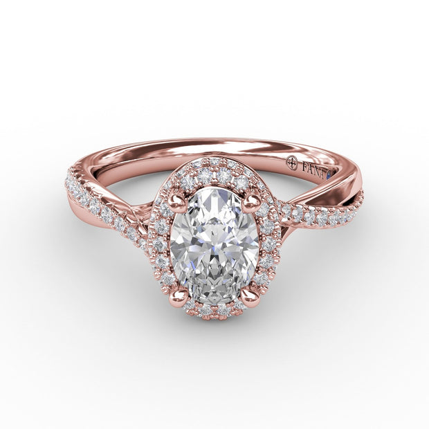 Oval Waterfall Halo Engagement Ring With Twisted Shank
