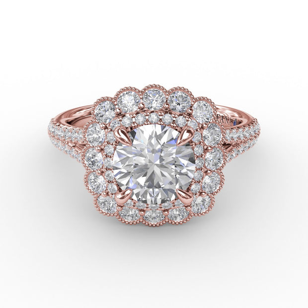 Vintage Cushion-Shaped Double Halo Engagement Ring With Split Shank