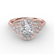 Scalloped Halo Engagement Ring With Diamond Clusters and Milgrain Details