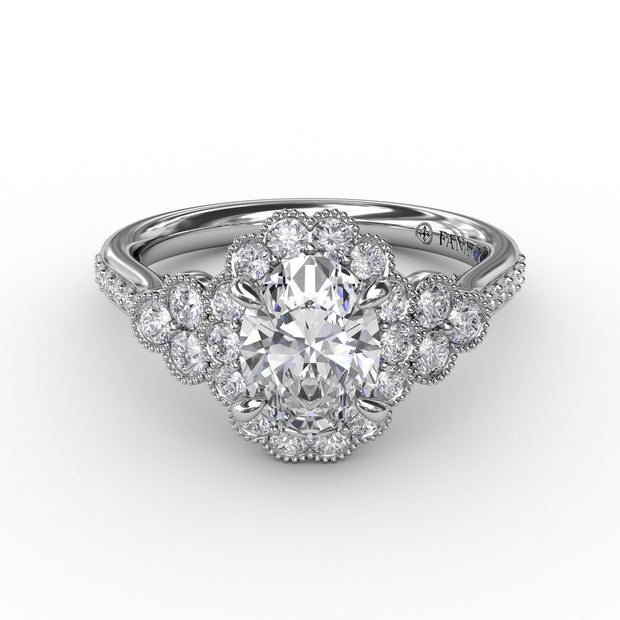 Scalloped Halo Engagement Ring With Diamond Clusters and Milgrain Details