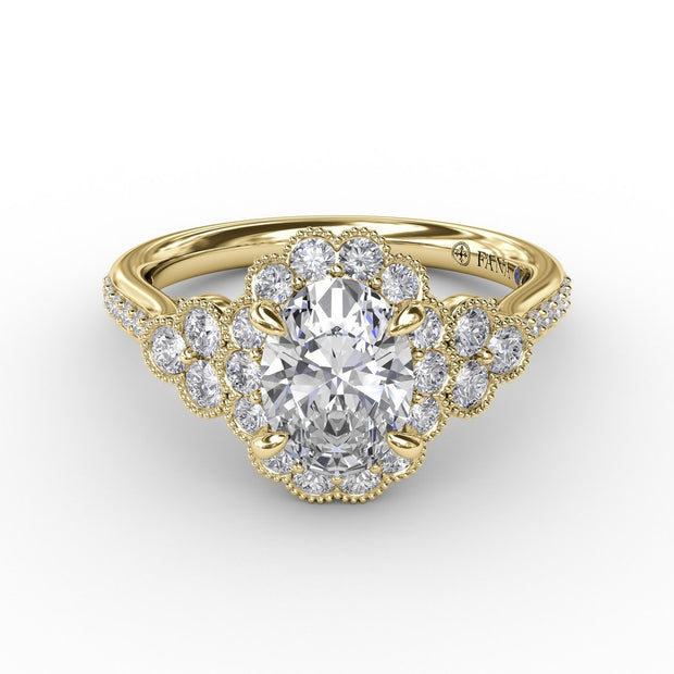 Scalloped Halo Engagement Ring With Diamond Clusters and Milgrain Details