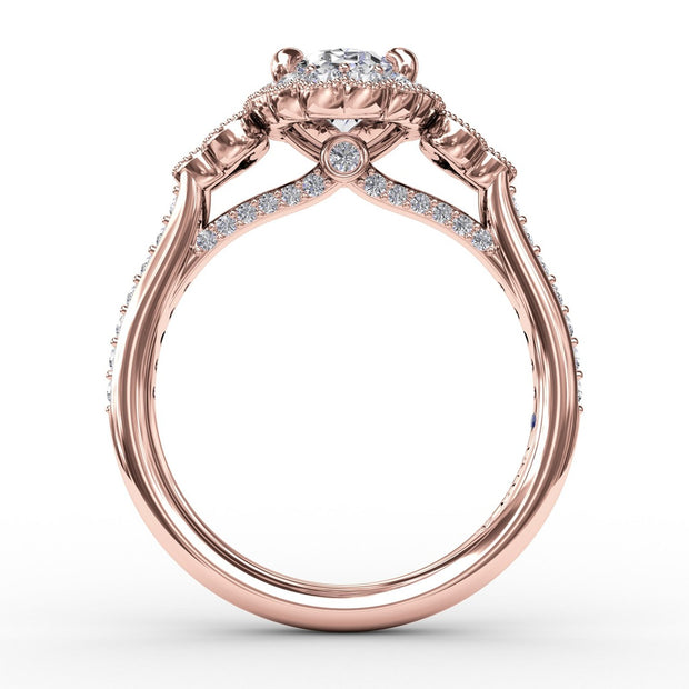 Scalloped Halo Engagement Ring With Diamond Clusters and Milgrain Details