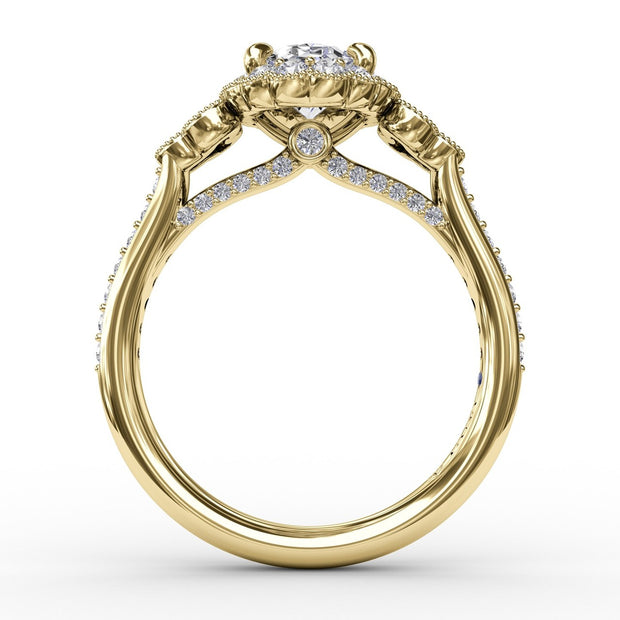 Scalloped Halo Engagement Ring With Diamond Clusters and Milgrain Details