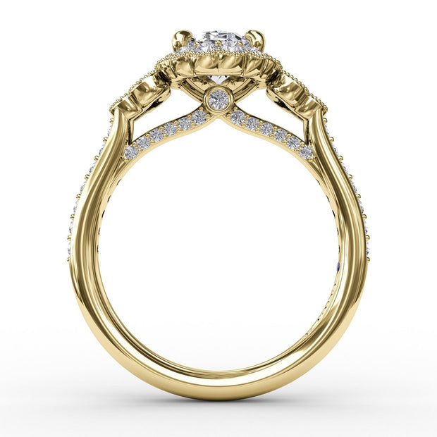Scalloped Halo Engagement Ring With Diamond Clusters and Milgrain Details