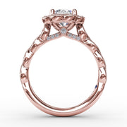 Round Diamond Engagement Ring With Floral Halo and Milgrain Details