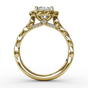 Round Diamond Engagement Ring With Floral Halo and Milgrain Details