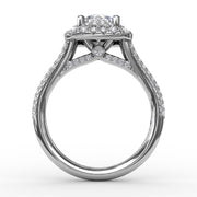 Cushion-Shaped Double Halo Pavé Diamond Engagement Ring with Split Shank