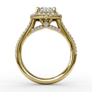 Cushion-Shaped Double Halo Pavé Diamond Engagement Ring with Split Shank