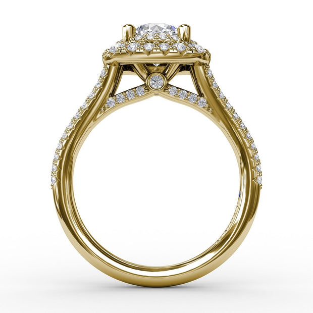 Cushion-Shaped Double Halo Pavé Diamond Engagement Ring with Split Shank