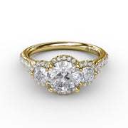 Three-Stone Round Diamond Halo Engagement Ring