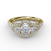 Three-Stone Round Diamond Halo Engagement Ring