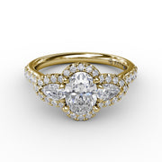 Three-Stone Round Diamond Halo Engagement Ring