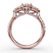 Three-Stone Round Diamond Halo Engagement Ring