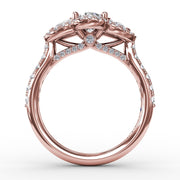 Three-Stone Round Diamond Halo Engagement Ring